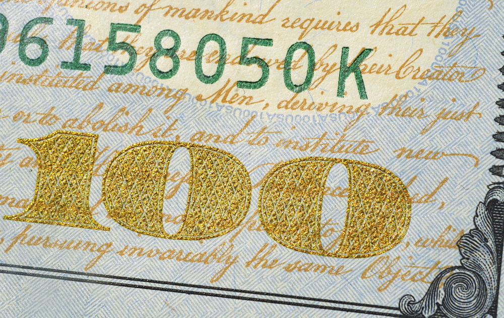 Close-up of US one hundred dollar bill