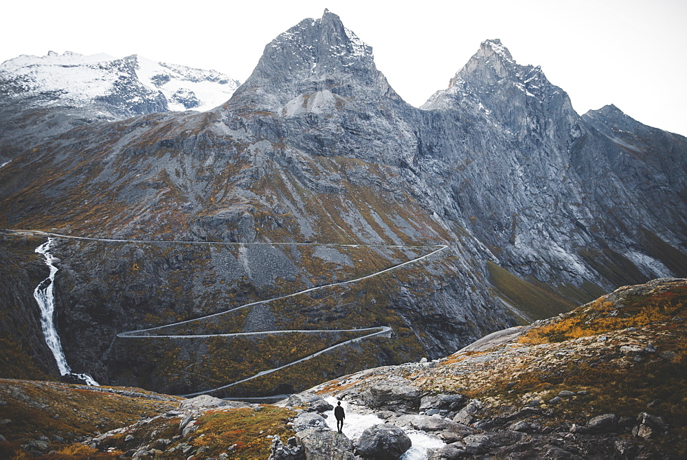 Norway, Andalsnes, Trollstigen, Man looking at scenic view of Trollstigen road