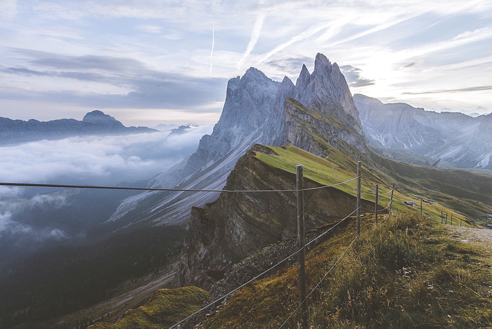 Italy, Dolomite Alps, Seceda mountain, Scenic view of Seceda mountain in Dolomites at sunrise