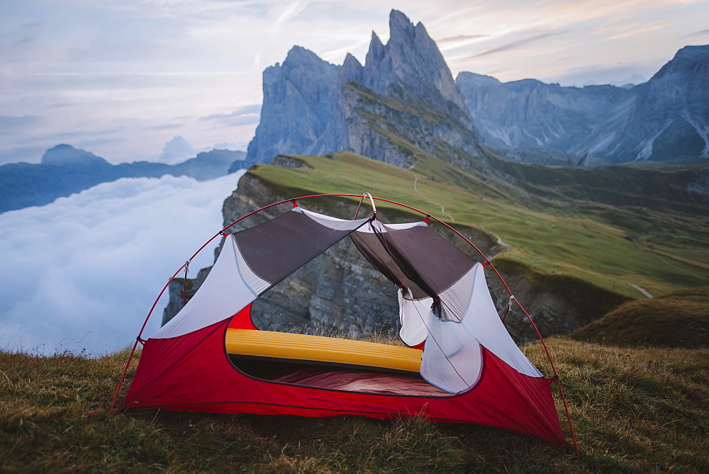 Italy, Dolomite Alps, Seceda mountain, Tent at Seceda mountain in Dolomites