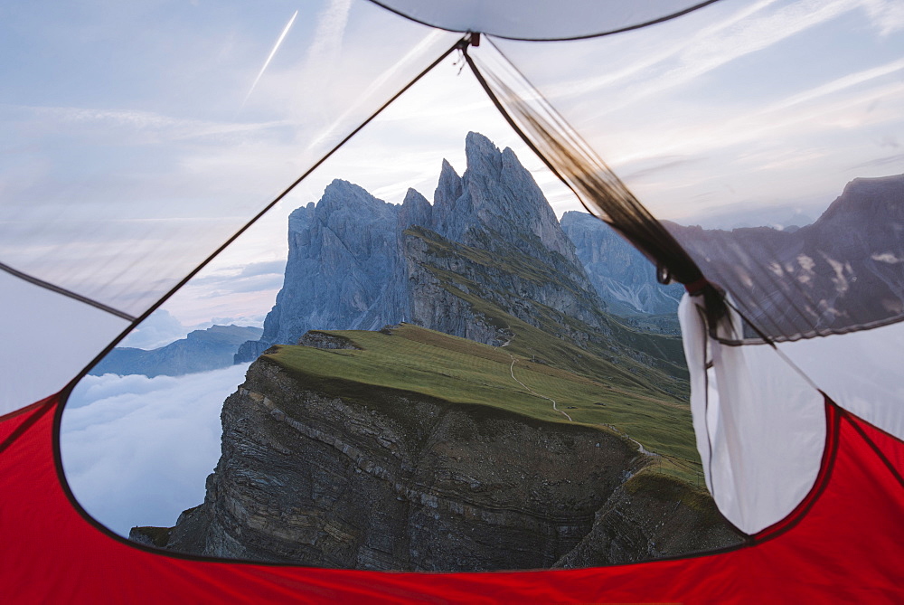 Italy, Dolomite Alps, Seceda mountain, View from tent on Seceda mountain in Dolomites