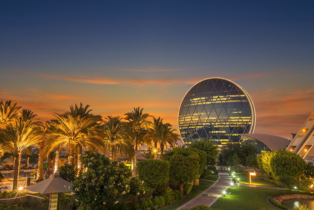 United Arab Emirates, Abu Dhabi, Aldar Properties headquarters at sunset