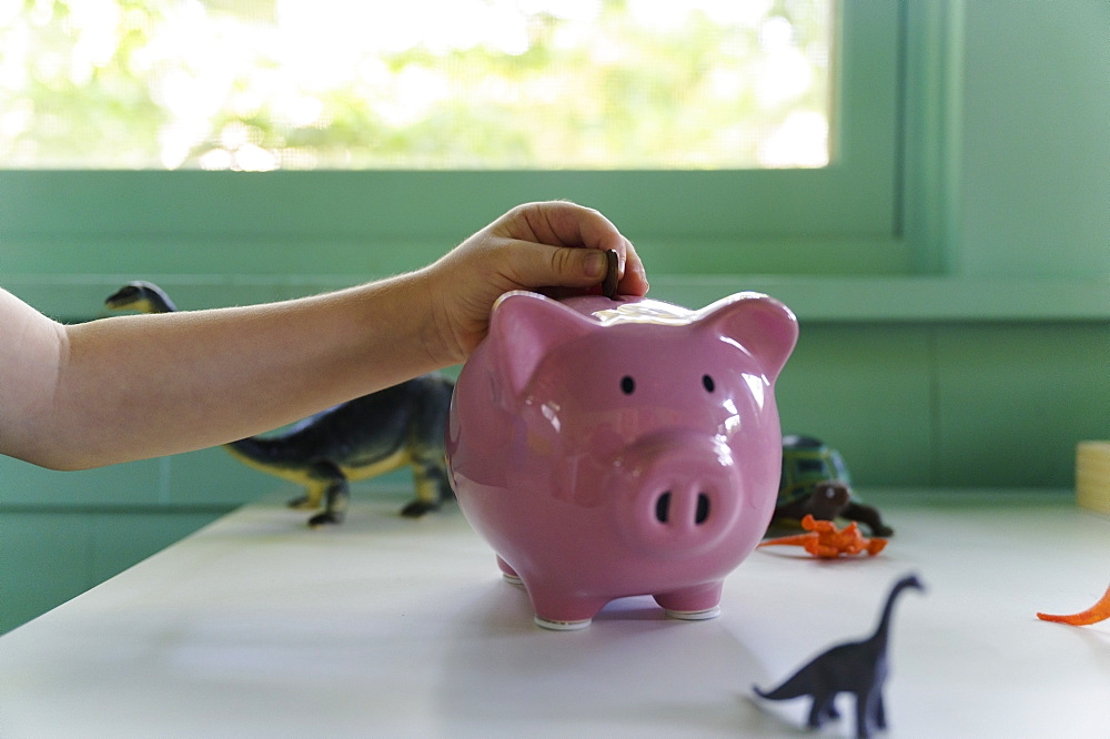 Boy (4-5) putting coin into piggy bank, close up