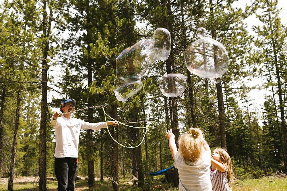 Father making large soap bubbles in forest for two daughters (2-3, 4-5), Wasatch-Cache National Forest