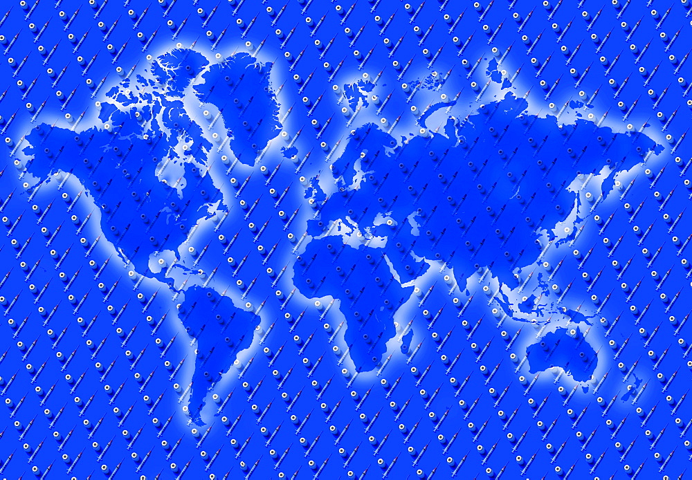 Rows of laboratory vials and syringes with world map in background