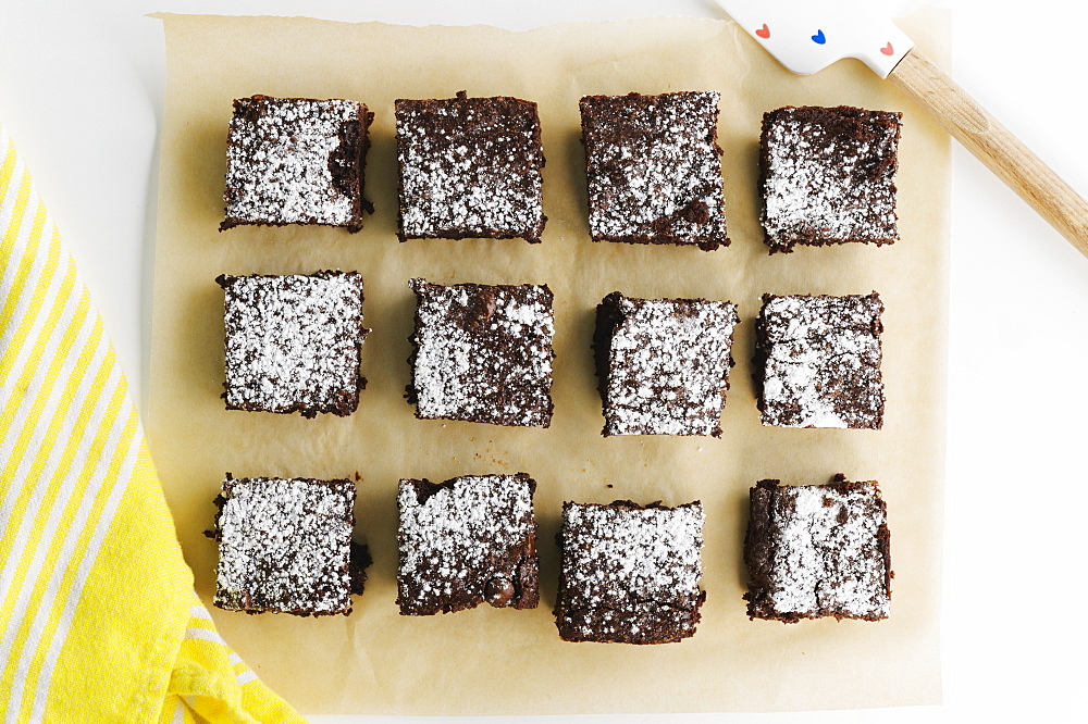 Overhead view of freshly baked brownies