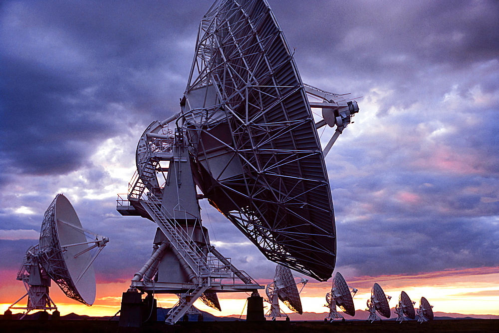 United States, New Mexico, Socorro, Radio telescopes at Karl G. Jansky Very Large Array at sunset