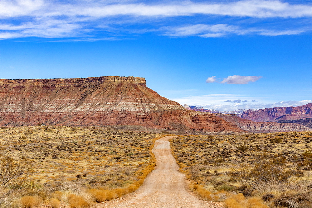 United States, Utah, Springdale, Dirt road across desert landscape near Zion National Park
