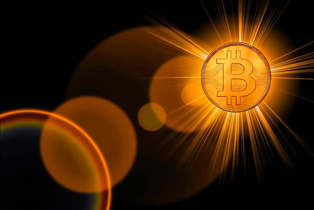 Golden glowing bitcoin, cgi