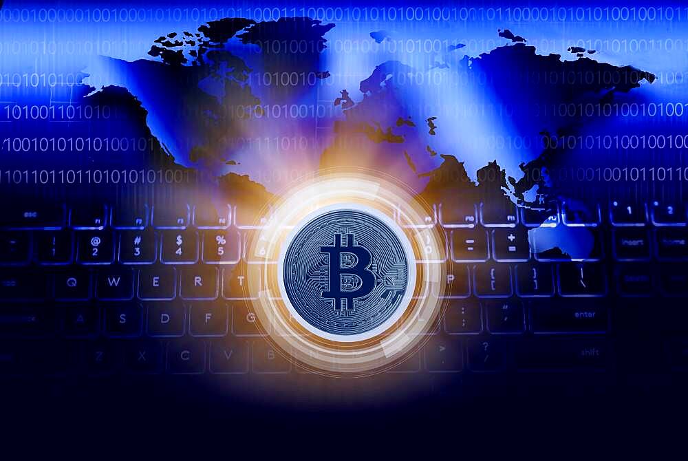 Bitcoin against World map and computer keyboard, cgi