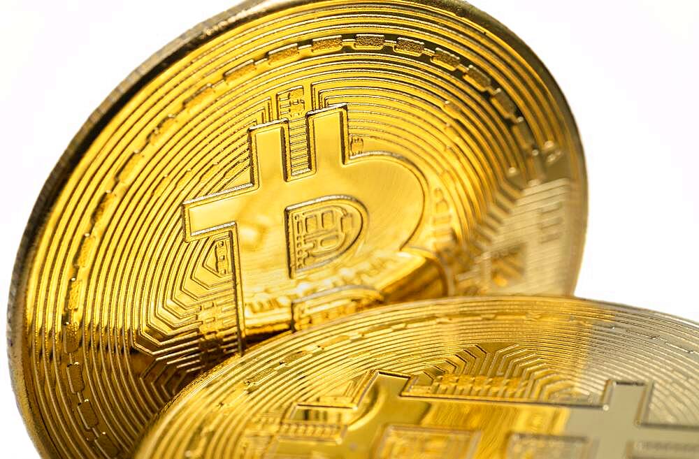 Close-up of golden bitcoins