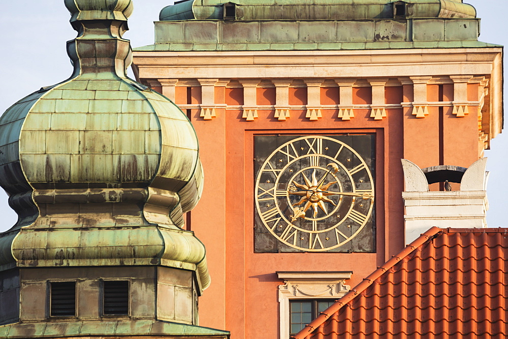 Poland, Masovia, Warsaw, Clock face on castle tower in old town