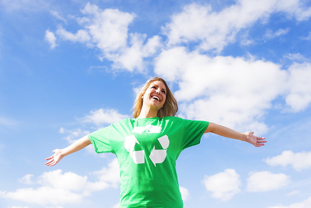 Front view of woman wearing green t-shirt