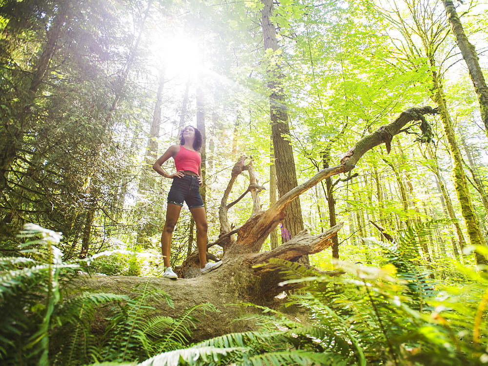 Young woman standing on log in forest, USA, Oregon, Portland