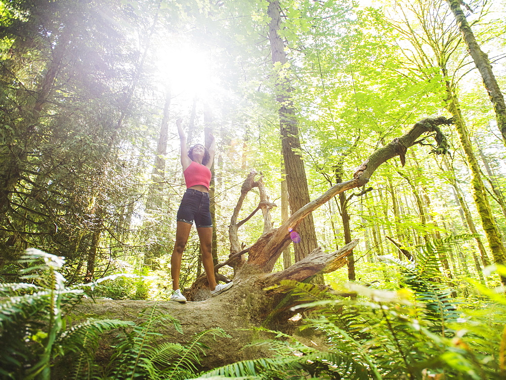 Young woman standing on log in forest, USA, Oregon, Portland