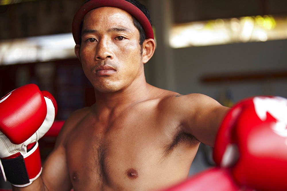 Portrait of mid adult male boxer in fighting stance