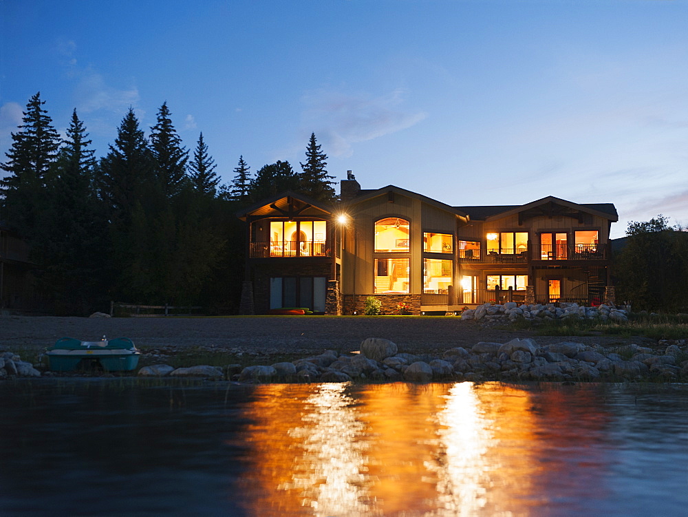 evening view of holiday villa from lake, USA, Utah, Garden City