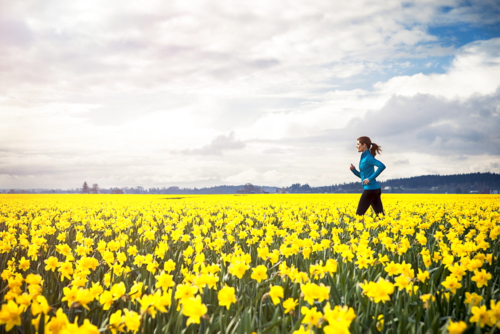 USA, Washington, Skagit Valley, Woman running through daffodil field, USA, Washington, Skagit Valley