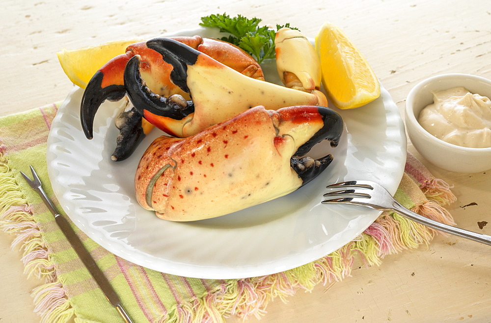 Small plate of stone crabs with lemon slice and sauce