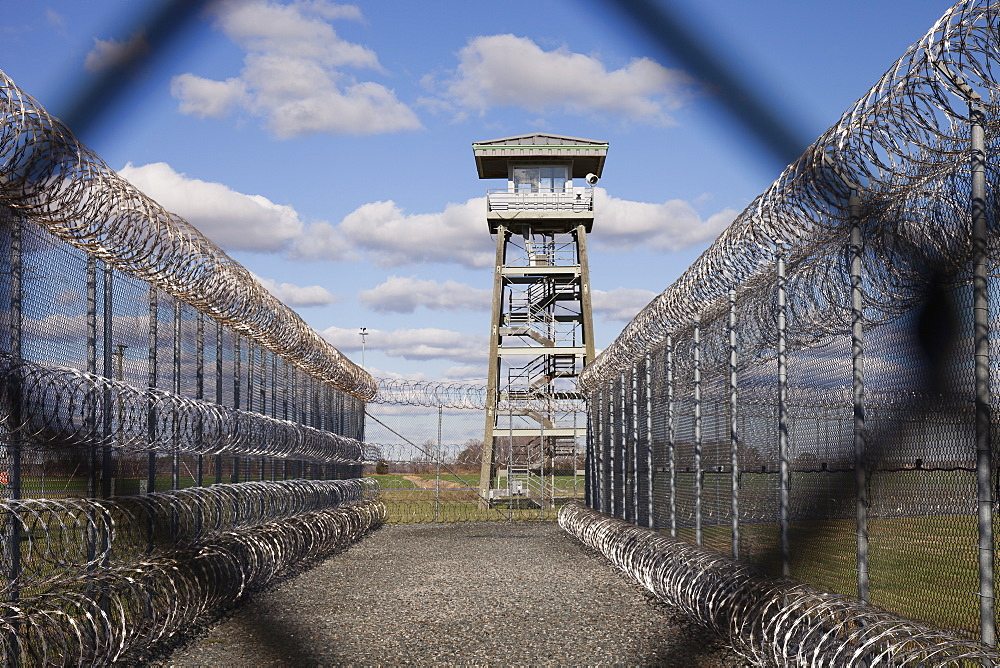 USA, Virginia, Tower and chainlink fence in prison