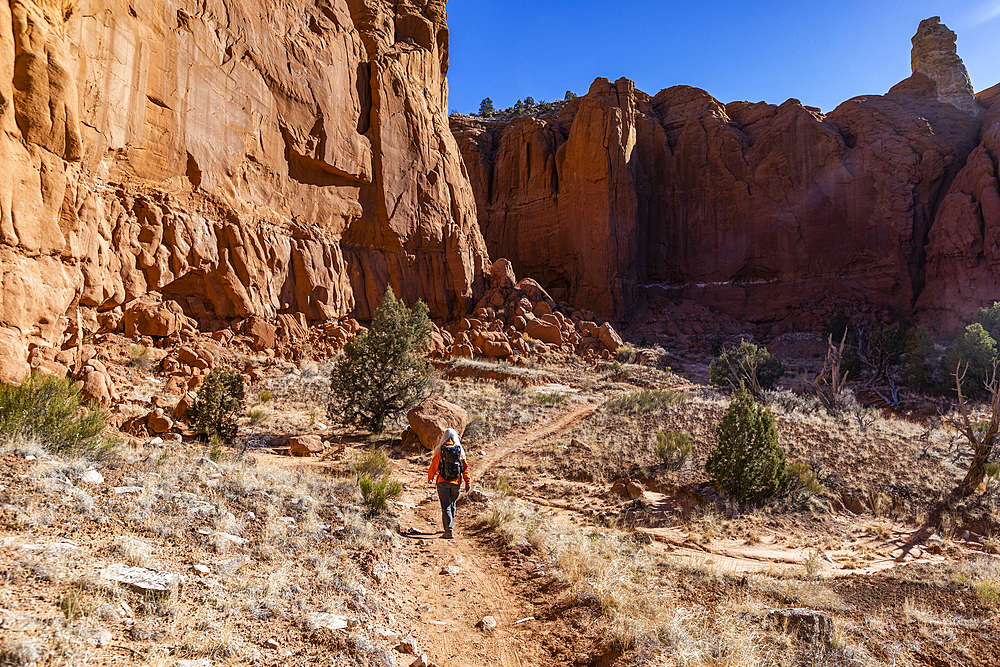 United States, Utah, Escalante, Senior female hiker exploring canyon