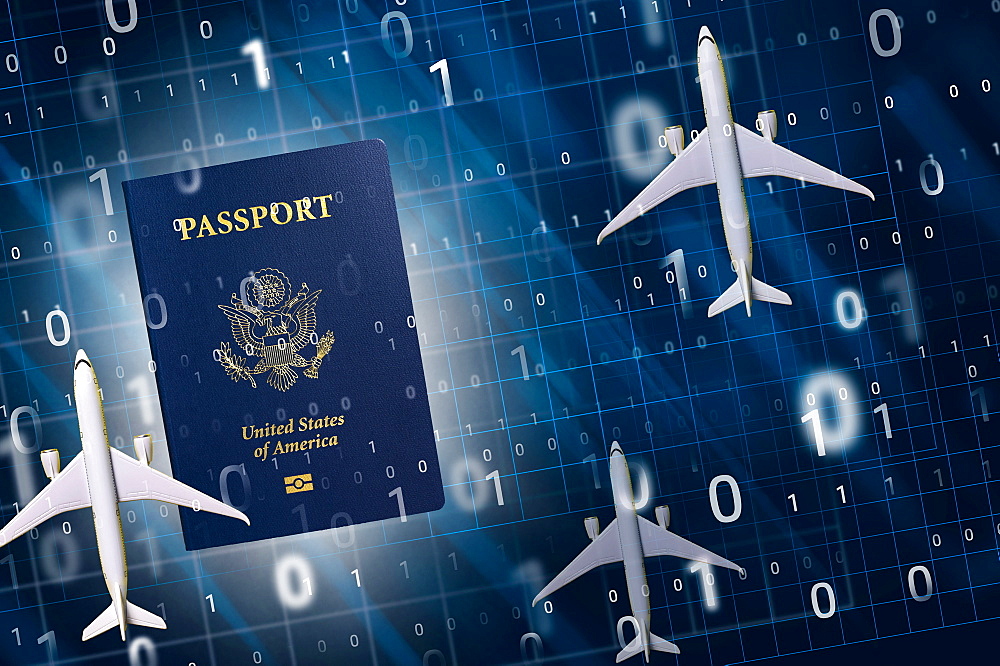 US e-passport with airplanes and binary numbers, digital composite