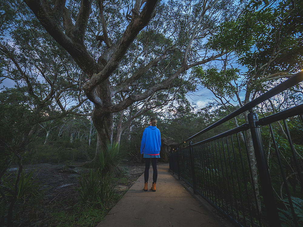 Rear view of woman standing on footpath and looking at trees