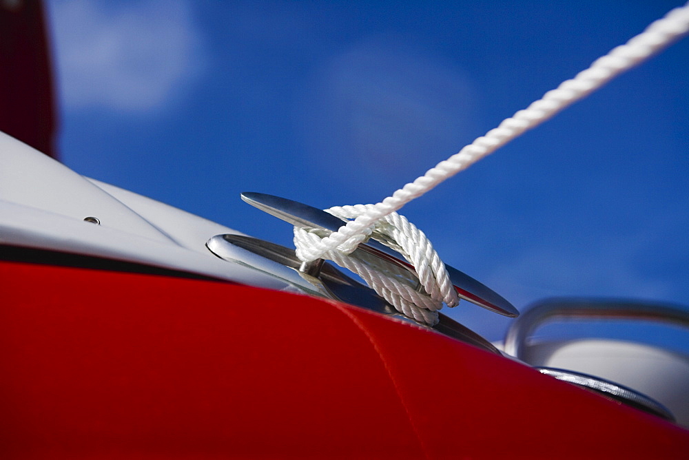 Close up of rope around boat cleat, Florida, United States