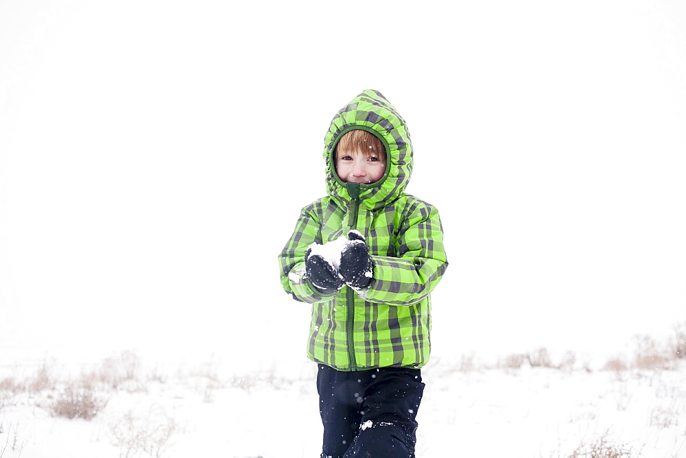 Boy (4-5) playing with snow, Colorado, USA