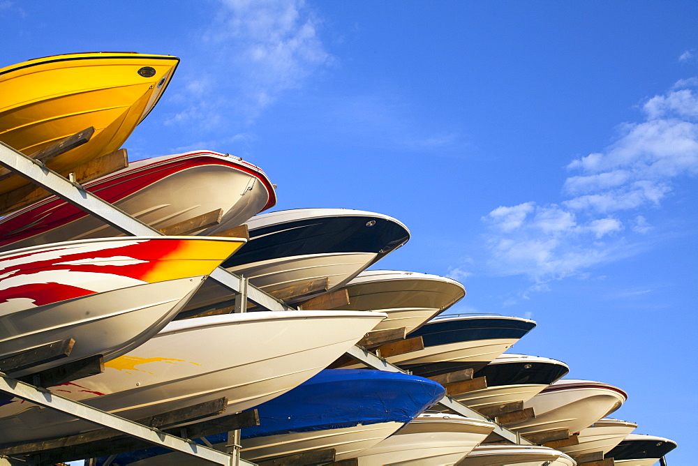 Boats stacked on rack