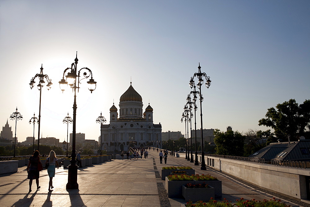 Russia, Moscow, Silhouette of Cathedral of Christ the Savior at sunset