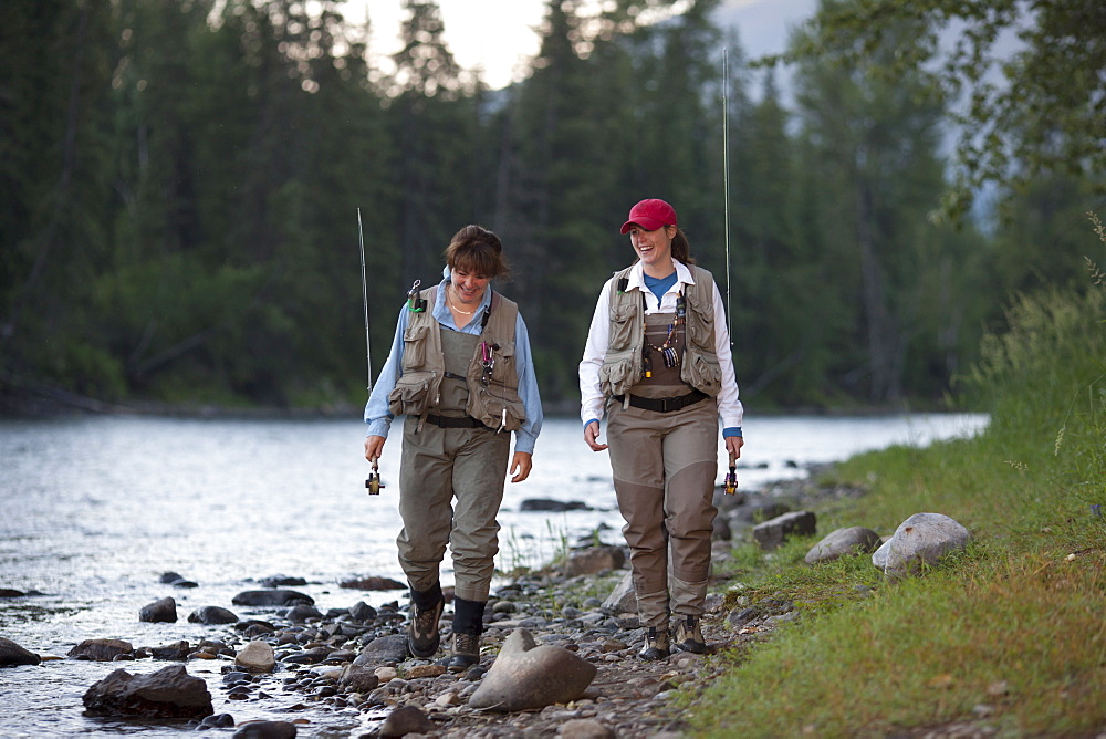 Canada, British Columbia, Fernie, daughter and mother fly fishing