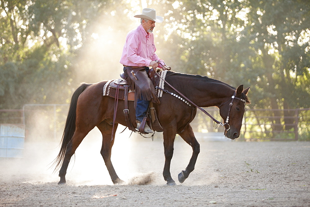 Senior man horseback riding in ranch