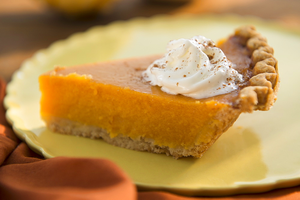 Slice of homemade pumpkin pie on plate