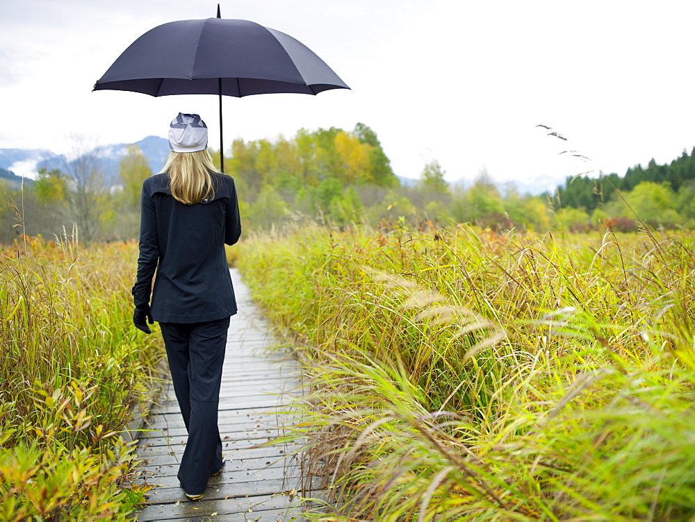 Person walking on boardwalk on rainy day