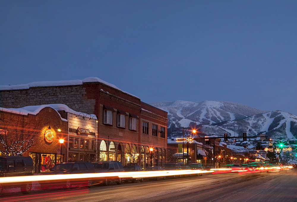 Steamboat Springs, Town at night with mountains in background, Steamboat Springs, Colorado, Use