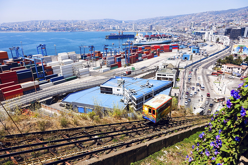 Colorful funicular carriage, Valparaiso, Chile