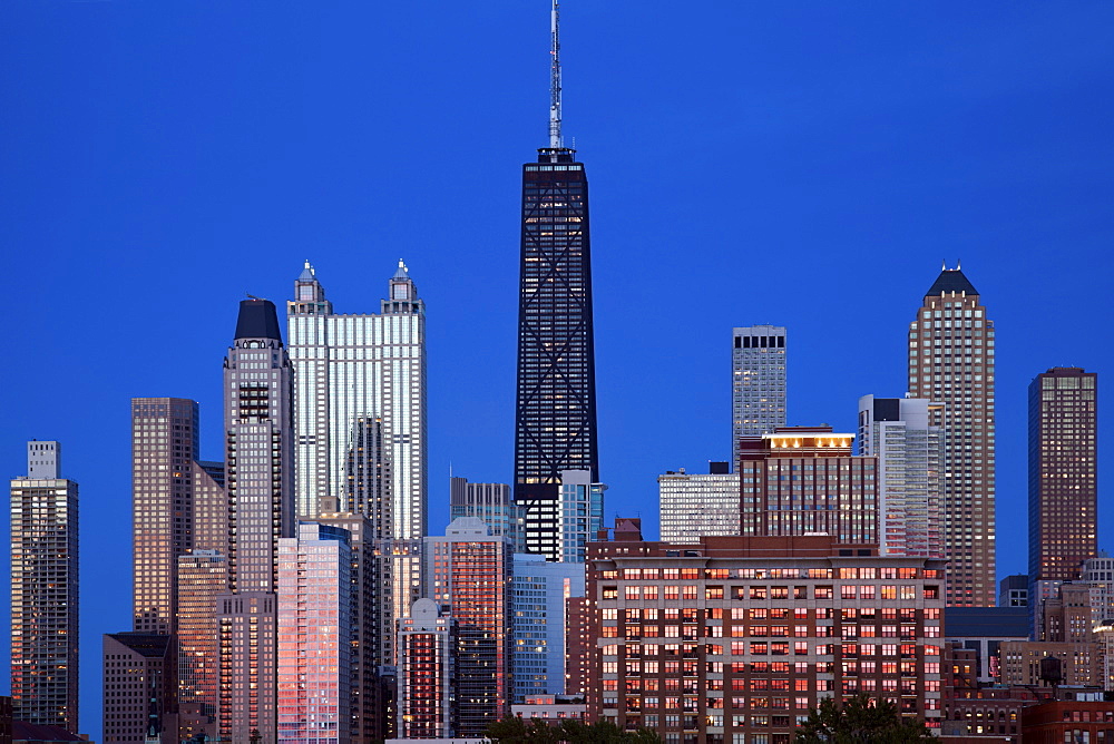 Downtown Chicago - colorful sunset reflected in the windows