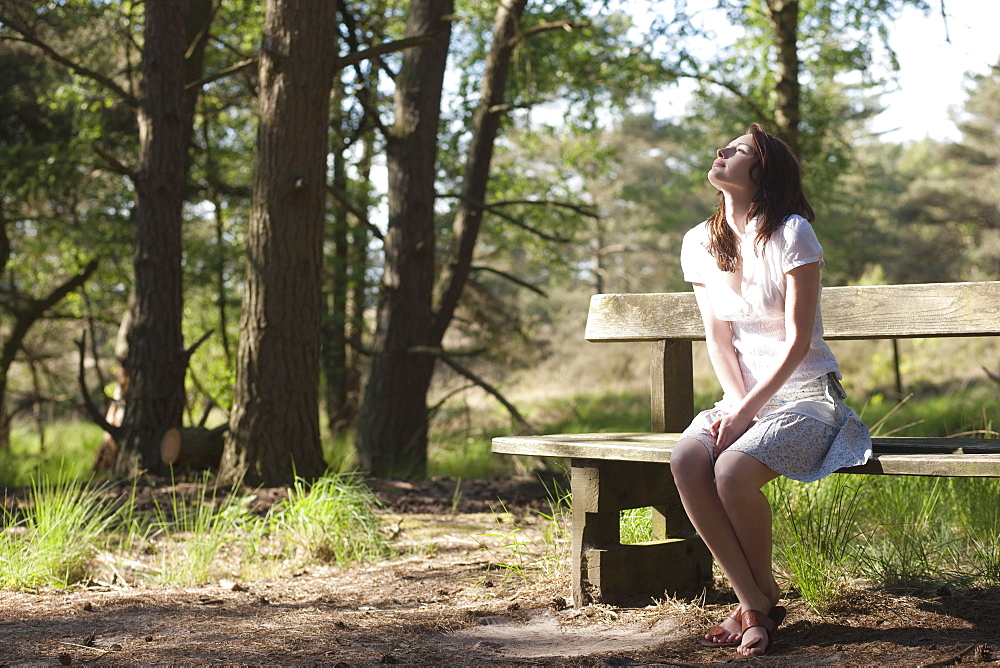 Belgium, Kalmthoutse Heide, Young woman sitting on bench, Kalmthoutse Heide (near Antwerpen), Belgium