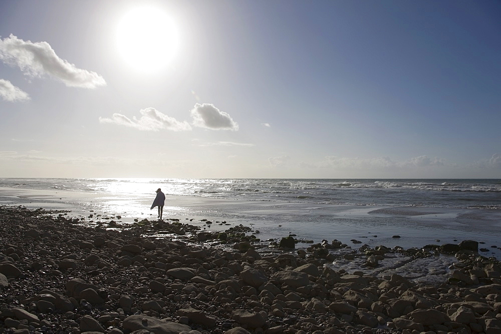 France, Pas-de-Calais, Escalles, Lonely walker on beach, France, Pas-de-Calais, Escalles