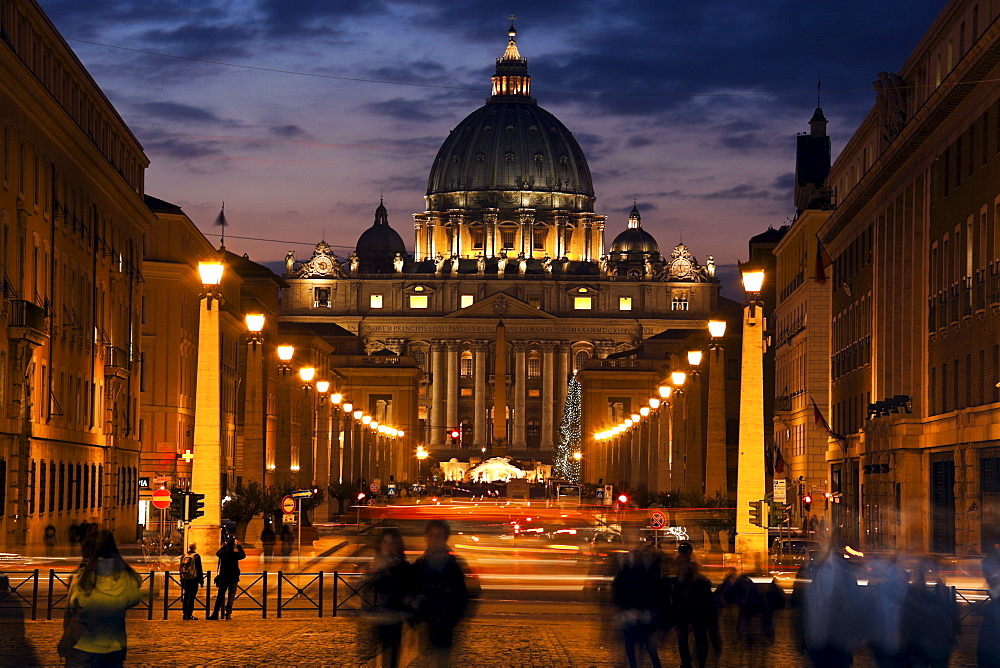 Saint Peter's Square and Saint Peter's Basilica at dusk