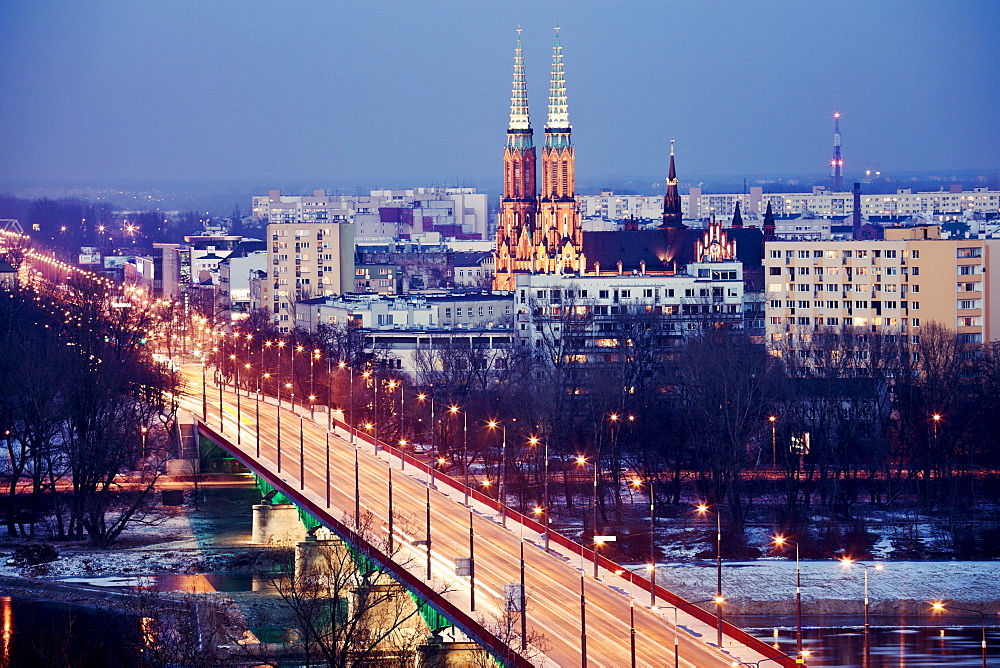 View over Vistula River towards Praga, Slasko-Dabrowski Bridge on foreground