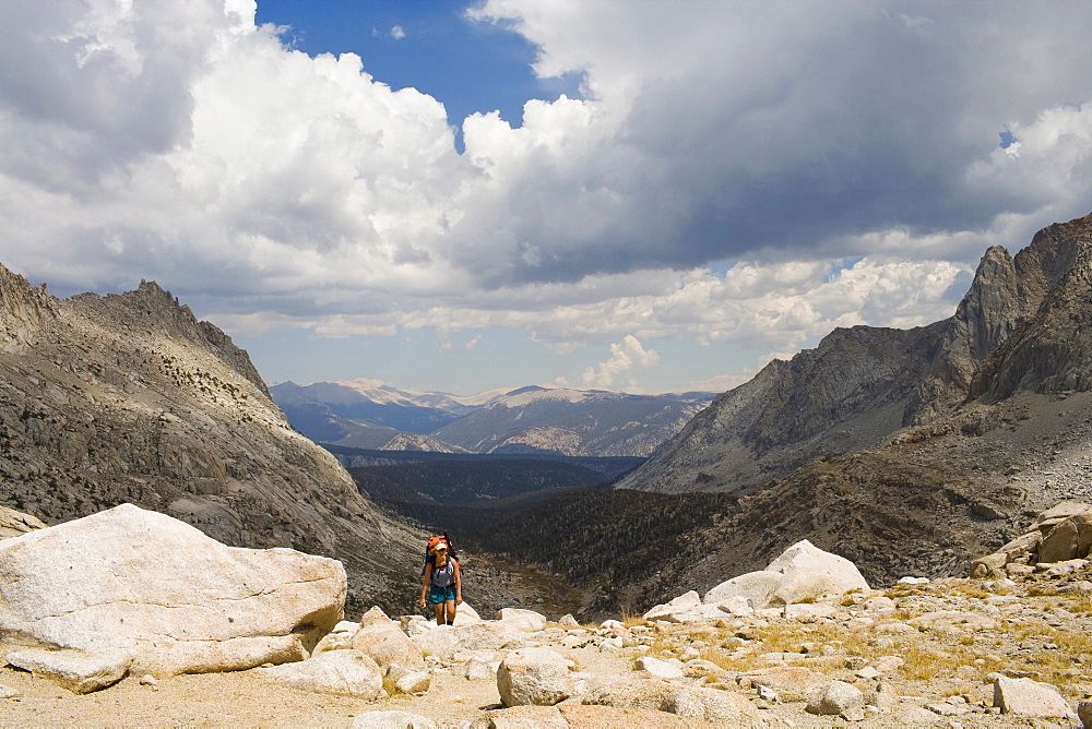 USA, California, Sequoia National Park, Five Lakes trail, Hiker walking