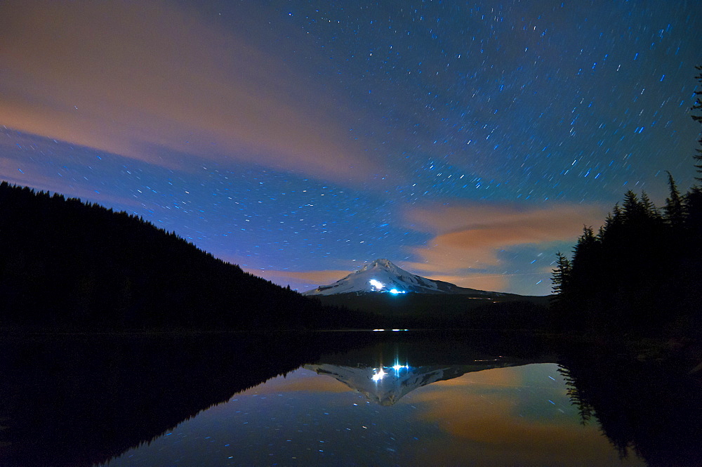 USA, Oregon, Clackamas County, View of Trillium Lake with Mt Hood in background at night