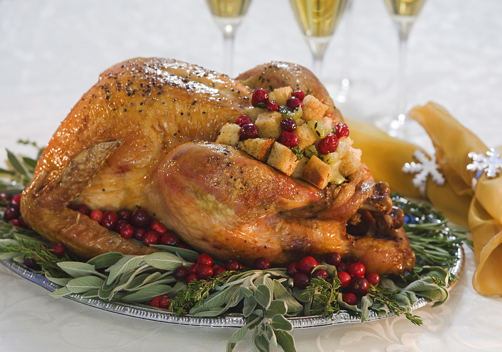 Thanksgiving turkey on decorated platter