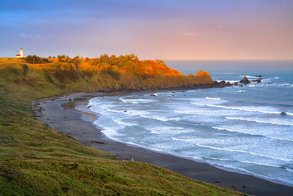 Landscape with lighthouse in distance, USA, Oregon, Cape Blanco