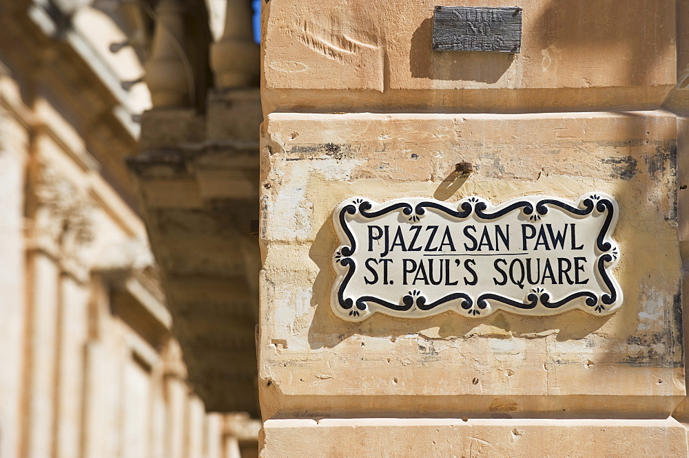 Close up of St. Paulâ€™s Square street sign, Mdina, Malta