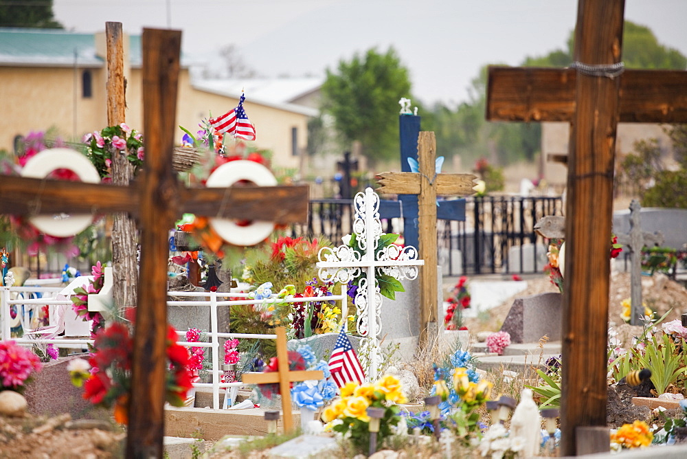 USA, New Mexico, Taos, Ranchos de Taos, crosses on cemetery, USA, New Mexico, Taos