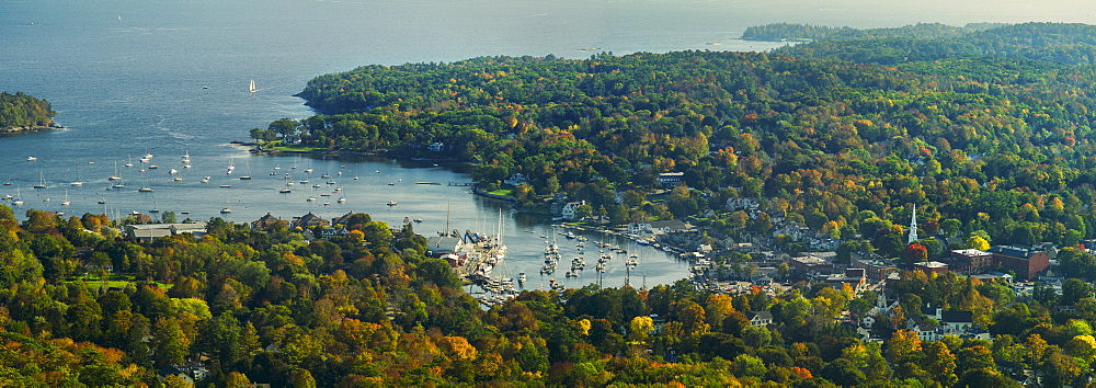 View of coastline with bay and harbor, Camden, Maine