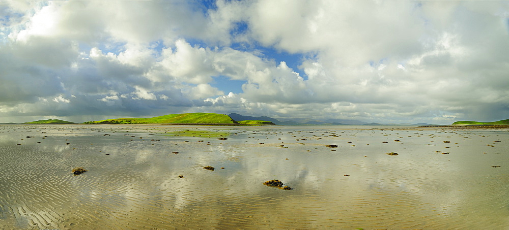 Panoramic landscape with water, clouds and hill on horizon, Clew Bay, County Mayo, Ireland